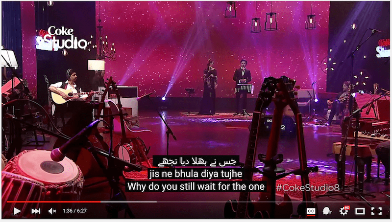 Screenshot of YouTube video from Coke Studios with 3 types of subtitles